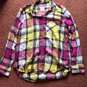Pink and yellow plaid button up flannel